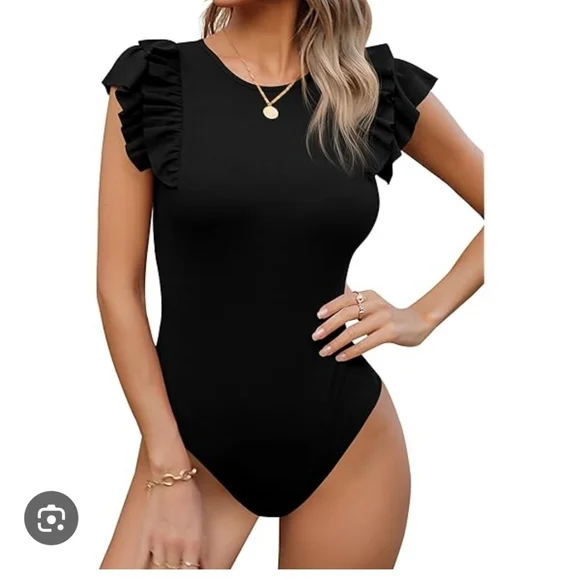 Amazon Missufe Flutter Sleeve Bodysuit Ribbed Black Skims Casual Shapewear - Picture 4 of 16